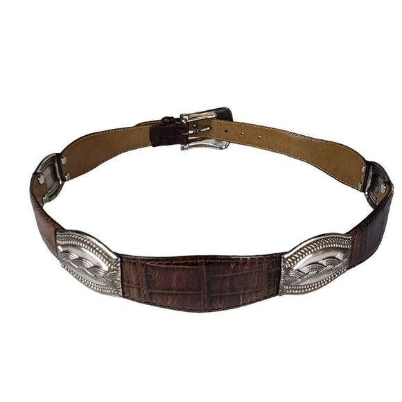 VINTAGE Fossil Etched Silver Hardware Tan Leather Belt M - Picture 4 of 12